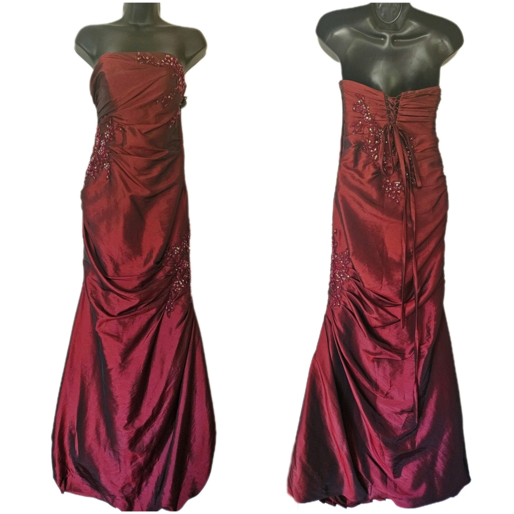 VTG Y2K Mermaid Gown Dress Burgundy Red Strappless Whimsigoth Dark Fairy